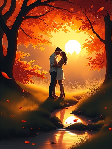 ilustratie, cuplu tanar intr-o ipostaza romantica, partenera imbracata cu rochie alba scurta si partener cu camasa alba si pantaloni, in timp ce amandoi se afla intr-un cadru de toamna la apusul soarelui, langa o apa curgatoare