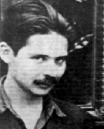 imagine alb-negru, portret al poetului Nicolae Labis, cu mustata, imbracat cu camasa si pulover
