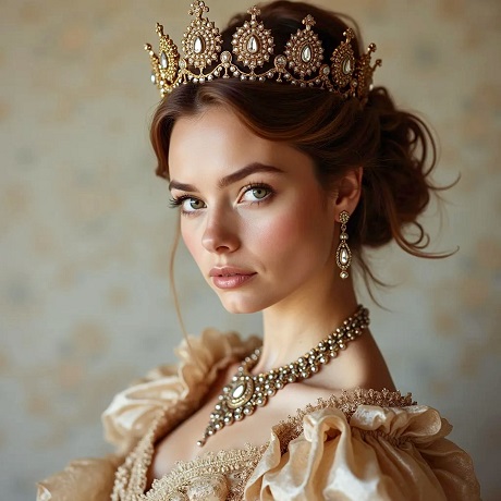 ilustratie generata AI, regina tanara,frumoasa, imbracata cu rochie bej cu maneci bufante, cu colier opulent auriu si cu cercei lungi, cu coroana aurie cu pietre pretioase
