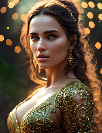 ilustratie, portret de femeie tanara, frumoasa, cu parul lung si ondulat, purtand corset de aur si inconjurata de luminite aurii