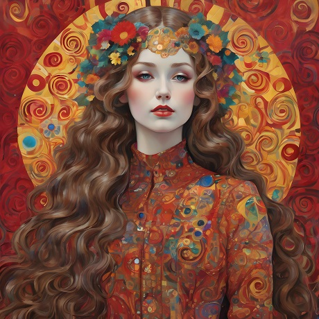 ilustratie generata AI, femeie tanara, frumoasa, cu parul lung si ondulat, cu ruj rosu, imbracata cu tinuta cu imprimeu multicolor, avand pe cap o coroana de flori si in spatele ei doua aure pictate cu galben, rosu, reprezentand trandafiri stilizati 