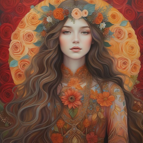 ilustratie generata AI, femeie tanara frumoasa, cu parul lung, ondulat, imbracata cu tinuta inflorata multicolora,avand pe cap o coroana de flori si in spate trandafiri  portocalii si rosii