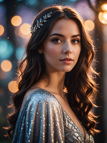 ilustratie generata AI, portret de femeie tanara, frumoasa, cu parul lung si usor ondulat, cu coronita sub forma de frunze pe cap, imbracata cu tinuta argintie decoltata, inconjurata de luminite aurii