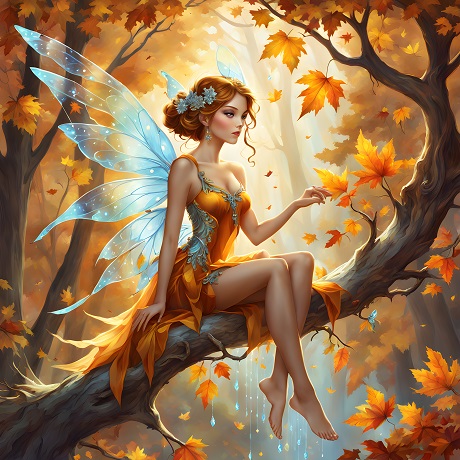 ilustratie generata AI, zana inaripata, cu aripi bleu, imbracata cu rochie scurta portocalie, cu ornament stralucitor, atingand cu mana o frunza in timp ce sta desculta pe o creanga de copac intr-o padure toamna