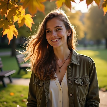 ilustratie generata AI, femeie tanara, frumoasa, cu parul roscat, vesela, imbracat cu bluza si cu jacheta de jeans maronie, mergand printr-un parc intr-o zi de toamna