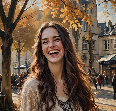 ilustratie generata AI, femeie tanara,frumoasa, cu parul lung, vesela, imbracata cu tinuta cu maneci lungi din dantela, mergand toamna pe o strada dintr-un oras cu trecatori, magazine si terase si cu copaci colorati in culorile toamnei
