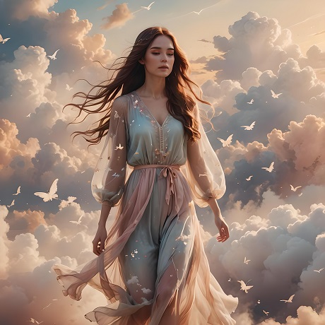 ilustratie genetata AI, femeie tanara, frumoasa, trista, imbracata in rochie vaporoasa roz pal cu alba, cu maneci lungi, mergand printre nori cu soare, avand in jurul ei fluturi albi
