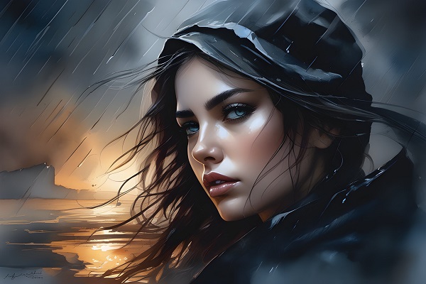 ilustratie generata AI, femeie tanara, frumoasa, ganditoare, imbracata cu haina de ploaie inchisa la culoare, cu gluga pe cap, aflandu-se intr-un tablou care reda o zi ploioasa