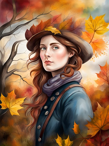 ilustratie, portret de femeie tanara, ganditoare, cu parul lung, imbracata cu haina albastra, avand fular violet, geanta pe umar, purtand o palarie maronie decorata cu frunze de toamna, in timp ce se afla langa un copac din care cad frunze toamna