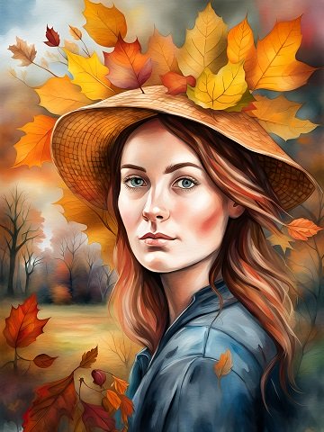 ilustratie, portret de femeie tanara, ganditoare,imbracata in albastru, care poarta pe cap o palarie bej pe care sunt infipte frunze de toamna, in timp ce se afla intr-un cadru de toamna