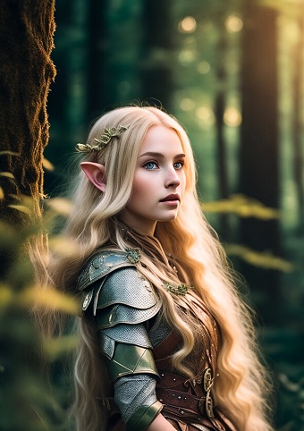 ilustratie generata AI, femeie-elf, tanara, frumoasa, cu parul blond, avand un ornament auriu in par, imbracata cu corset de armura cu verde, stand cu spatele langa un trunchi de copac intr-o padure