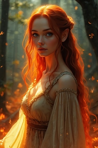 ilustratie generata AI, femeie-elf, tanara,frumoasa, imbracata cu rochie bej cu auriu, cu bretele, inconjurata de frunze de toamna ruginii, invaluita in lumina in timp ce se afla intr-o padure