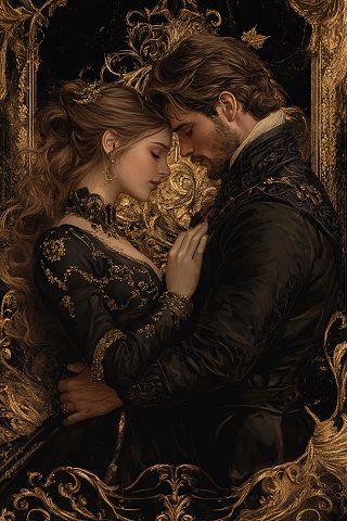 ilustratie, cuplu tanar, partenera imbracata in rochie neagra cu auriu, decoltata, tinand ochii inchisi si lipindu-si fruntea de cea a partenerului ei, care tine si el ochii inchisi, imbracat cu costum negru cu ornamente aurii, in timp ce se imbratiseaza intr-un decor cu auriu