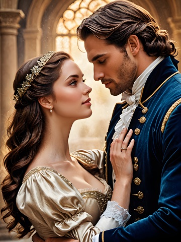 ilustratie generata AI, cuplu princiar tanar intr-un moment romantic, partenera imbracata in rochie bej aurie, cu ornamente aurii, cu diadema pe cap, privindu-si cu dragoste partenerul, imbracat cu camasa alba si haina bleumarin de catifea, cu detalii auriii, in timp ce tine acesta tine ochii inchisi si o strange in brate, amandoi aflandu-se intr-o incapere dintr-un palat
