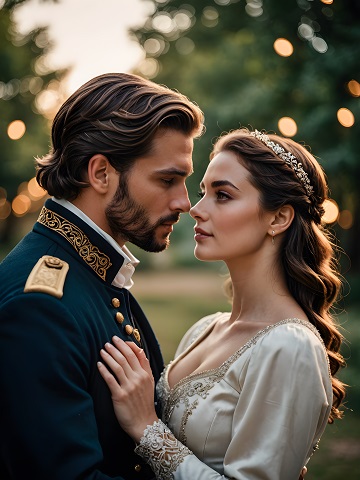 ilustratie generata AI, cuplu princiar tanar intr-un moment romantic, partenera imbracata cu rochie crem decoltata,cu ornamente aurii, punandu-si mainile pe pieptul partenerului ei, imbracat cu haina bleumarin cu detali aurii, in timp ce se privesc in ochi intr-un cadru in aer liber