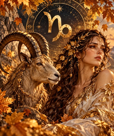 imagine creata cu AI, printesa cu frunze aurii pe cap, ganditoare, imbracata cu rochie crem cu auriu decoltata, cu umerii dezgoliti, avand langa ea un Capricorn si deasupra capului simbolul zodiei Capricorn, intr-un cadru de toamna