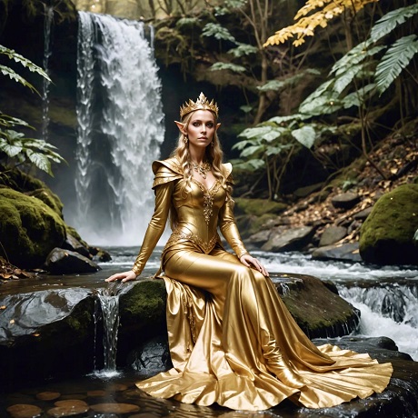 ilustratie generata AI, regina-elf blonda, imbracata cu rochie lunga aurie, cu maneci lungi, avand pe cap coroana aurie, stand pe o piatra mare langa o cascada intr-o zona impadurita