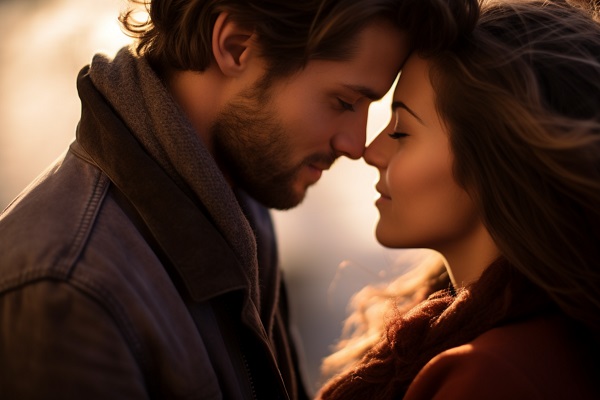 ilustratie generata AI, cuplu tanar intr-un moment romantic, partenera vesela, imbracata cu haina caramizie, cu fular la gat, inchizand ochii in timp ce in fata ei se afla partenerul ei,vesel, imbracat cu jacheta maronie, amandoi aflandu-se intr-u spatiu in aer liber intr-o zi insorita