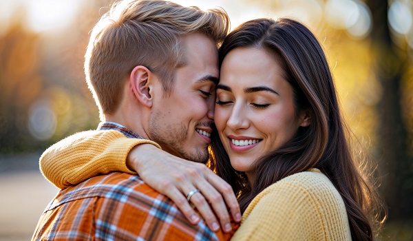 ilustratie, cuplu tanar intr-un moment romantic, partenera zambitoare, cu ochii inchisi, imbracata cu pulover galben, imbratisandu-si partenerul zambitor, imbracat cu camasa in carouri portocalii si albastre, in timp ce se afla intr-un cadru din aer liber