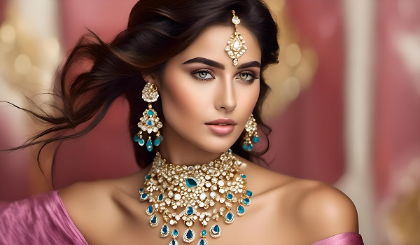 ilustratie, femeie tanara, frumoasa, imbracata in tinuta roz cu umerii dezgoliti,, avand pe frunte un ornament cu auriu si pietre albe, cercei lungi cu pietre albastre si colier opulent cu alb, albastru si auriu
