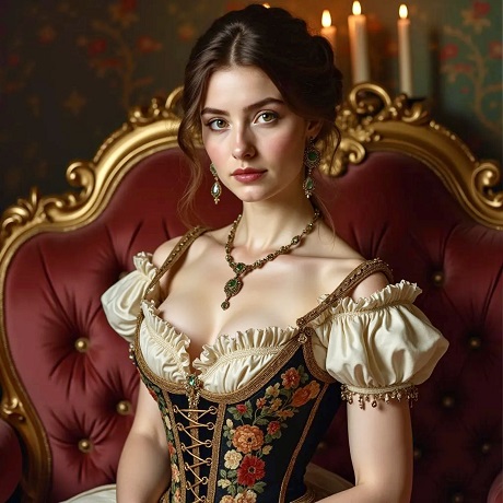 ilustratie, femeie tanara, frumoasa, imbracata in tinuta de secol 19, cu rochie crem cu corset cu flori, decoltata, cu maneci scurte, cu colier si cu cercei cu pietre verzi, stand pe un scaun vintage visiniu cu auriu intr-o incapere cu sfesnice cu lumanari aprinse