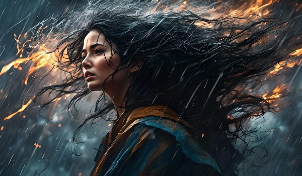 ilustratie generata AI, femeie tanara, disperata,cu parul lung, negru, imbracata cu haina cu albastru si cu maro, stand in ploaie si avand si flacari in preajma ei