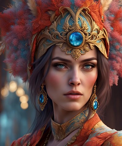 ilustratie, portret de femeie frumoasa, avand pe cap un ornament din diverse plante si coroana aurie, cu pietre mari albastre, cercei lungi cu pietre albastre si purtand o tinuta in nuante de portocaliu, auriu si bleu-turcoaz