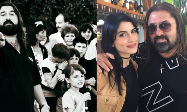 colaj imagini, fotografie alb-negru cu Gheorghe Gheorghiu si fiica lui, Andra, in copilarie, aceasta tinand in mana un microfon si Gheorghe Gheorghiu cu ochelari de soare, imbracat cu tricou negru cu litere albe, alaturi de Andra, imbracata cu tricou negru si jacheta maronie, amandoi aflandu-se langa un bar