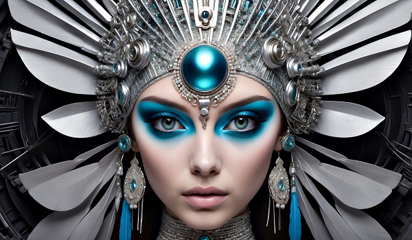 ilustratie generata AI, portret de femeie tanara, machiata cu albastru pe pleoape, avand pe cap un aranjament argintiu opulent, cu pene albastre si cu o piatra mare albastra pe frunte, purtand cercei lungi argintii cu piatra albastra si colier stralucitor, argintiu, tot cu piatra albastra