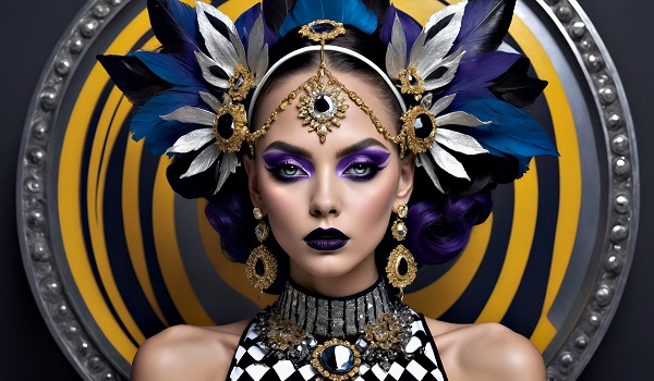 ilustratie generata AI, portret de femeie frumoasa, cu parul strans, vopsit partial cu violet, cu machiaj violet pe pleoape si cu ruj mov inchis, imbracata cu tinuta cu alb si negru, cu ornament cu auriu si cu piatra albastra la gat, cu cercei lungi aurii, avand pe cap un ornament opulent cu pene albastre, violet si argintii, avand si o bijuterie aurie cu pietre mari negre in par, in timp ce in spatele ei se afla un decor cu argintiu, cu galben si negru, in forma de cerc