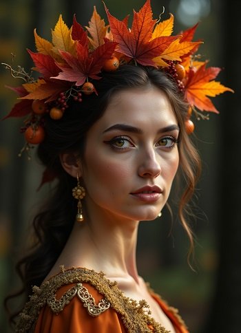 ilustratie generata AI, portret de femeie tanara, frumoasa, cu ornament de frunze de toamna pe cap, cu cercei aurii, imbracata in tinuta ocru cu auriu, stand intr-un spatiu in aer liber