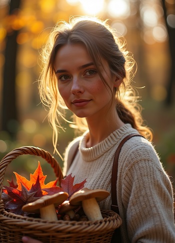 ilustratie generata AI, femeie tanara, frumoasa, cu parul prins in coada, imbracata cu pulover bej, tinand in maini un cos cu frunze de toamna si cu ciuperci, in timp ce se afla in padure intr-o zi insorita