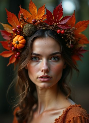 ilustratie generata AI, portret de femeie tanara, frumoasa, cu ornament de frunze de toamna pe cap, printre frunze aflandu-se si o castana si un mic dovleac, imbracata in tinuta ocru, in timp ce se afla intr-un spatiu din aer liber