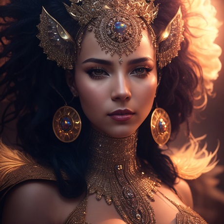 ilustratie, portret de femeie tanara, frumoasa,imbracata cu tinuta decoltata aurie, cu ornament auriu inalt la gat, cu cercei mari, rotunzi cu auriu si cu piatra albastra, cu coroana aurie opulenta si cu diverse ornamente pe cap, inconjurata de lumina