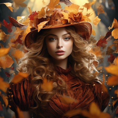 ilustratie generata AI, femeie tanara, frumoasa, cu parul blond ondulat, imbracata cu tinuta ocru, avand pe cap o palarie cu frunze de toamna si avand in jurul ei numeroase frunze