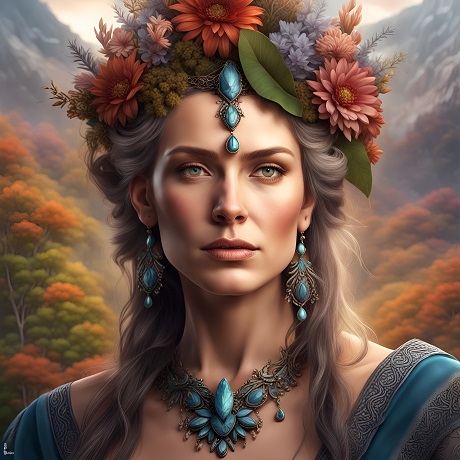 ilustratie generata AI, portret de femeie tanara, frumoasa, cu parul grizonat, imbracata in albastru, purtand cercei lungi si colier din pietre albastre, avand pe cap un ornament bogat din frunze, flori si cu o piatra albastra, stand cu spatele la un peisaj montan toamna
