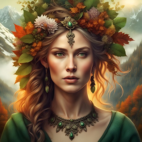 ilustratie, portret de femeie frumoasa, cu parul roscat, imbracata in verde, cu colier si cu cercei lungi cu pietre verzi, avand pe frunte un ornament cu piatra verde si pe cap un ornament mare din flori si frunze de toamna, stand cu spatele la un peisaj montan cu urme de zapada si cu copaci in culorile toamnei