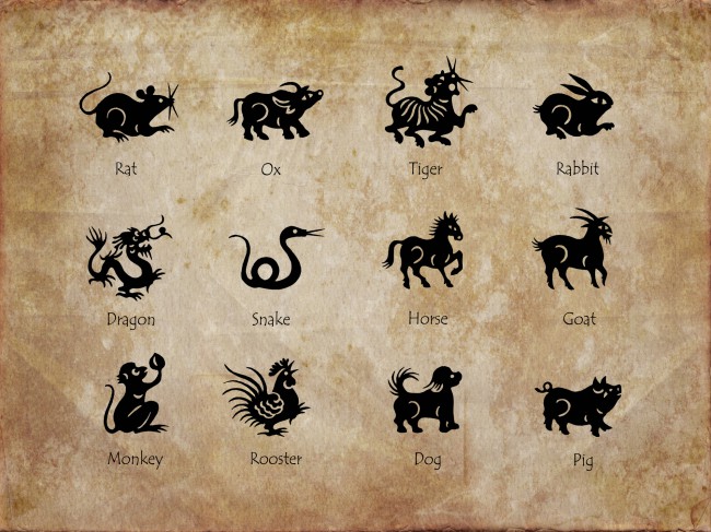 Animale simbol din zodiacul chinezesc pe fond sepia