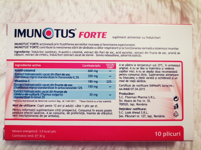Spatele cutiei de Imunotus Forte