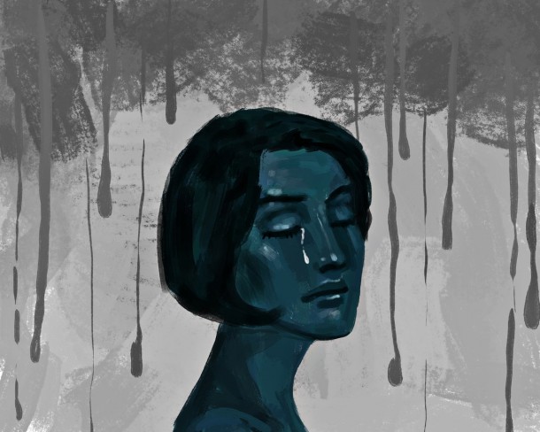 Desen femeie deprimată plângând sub picături simbolizând o stare emoțională proastă