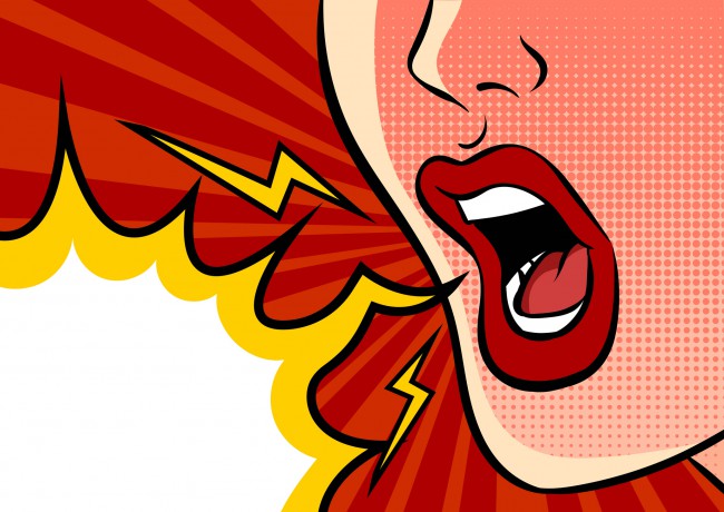 Gura de femeie strigând furioasă. Ilustrație vectorială pop art.