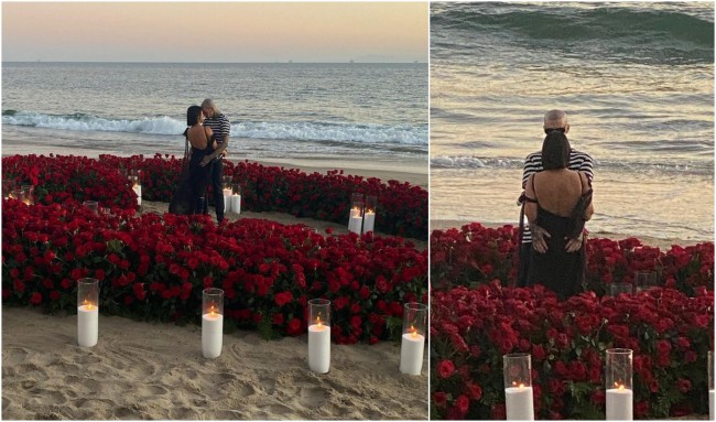 Kourney Kardashian ceruta in casatorie  de Travis Barker pe plaja, inconjurati de trandafiri rosii si lumanari uriase albe