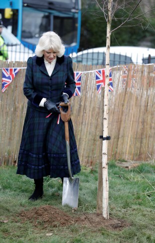 Ducesa de Cornwall participă la o activitate de plantare a copacilor în timpul vizitei sale la școala primară Roundhill pe 8 februarie 2022, in Bath, Anglia