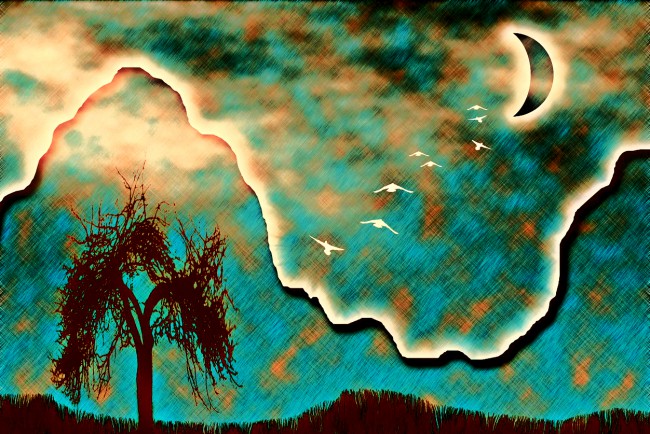 Ilustratie cu luna noua, copac solitar si pasari care zboara spre Luna