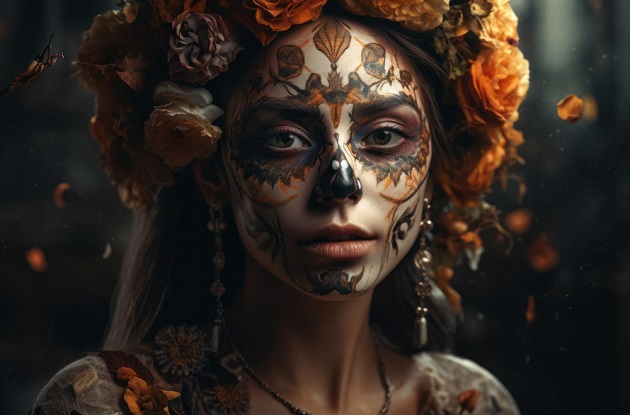 Portretul unei femei cu machiaj cu craniu de zahăr pe fundal întunecat 