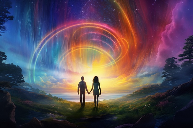 cuplu ținându-se de mână într-un univers cosmic