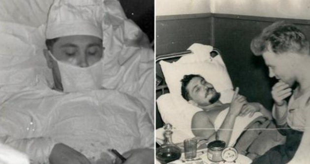 Colaj cu Leonid Rogozov în timpul operației de apendicită și după în timp ce vorbește cu un bărbat