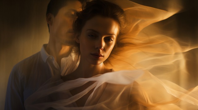 Bărbat și femeie învăluiți într-o lumină caldă și un voal transparent 