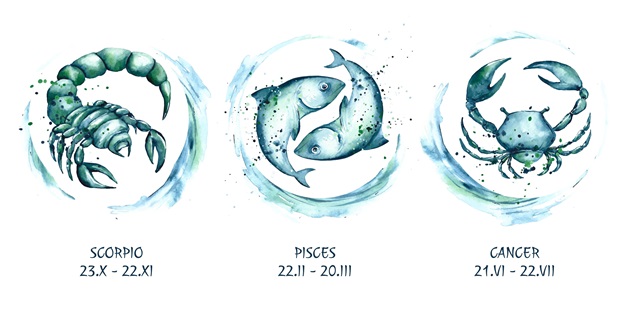 cele trei zodii de apă pictate cu acuarele