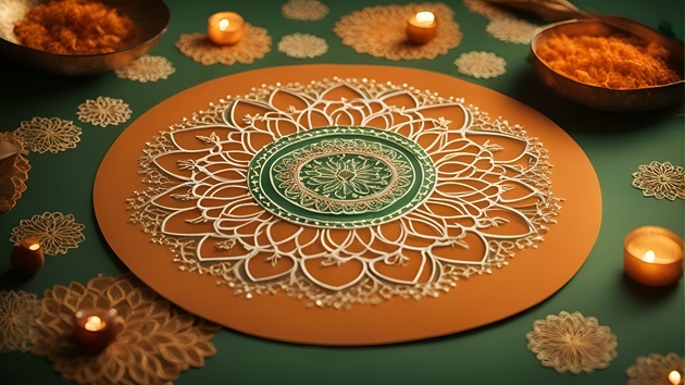 mandala de lux cu ornament floral și lumânări pe fundal verde